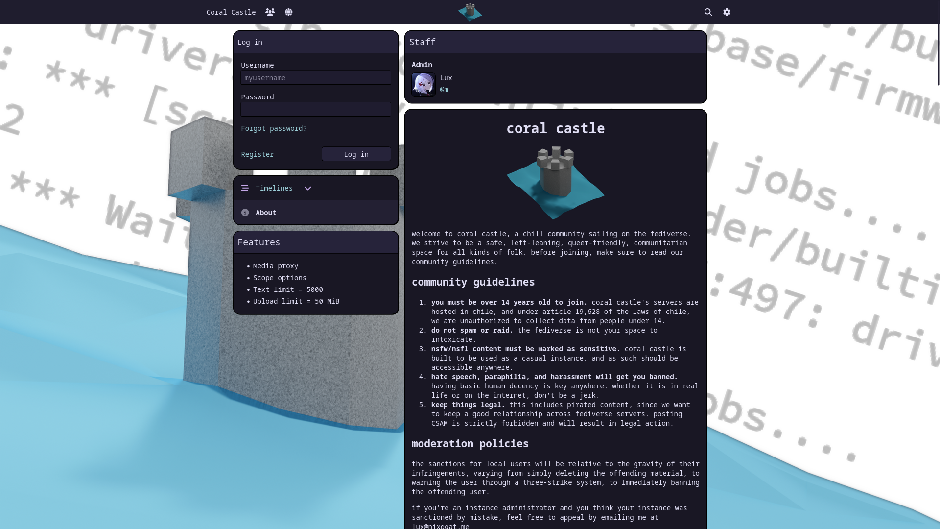 A screenshot of the Coral Castle homepage, showing its terms of service, and various panes for logging in, looking at timelines, and showing the instance's administrators.