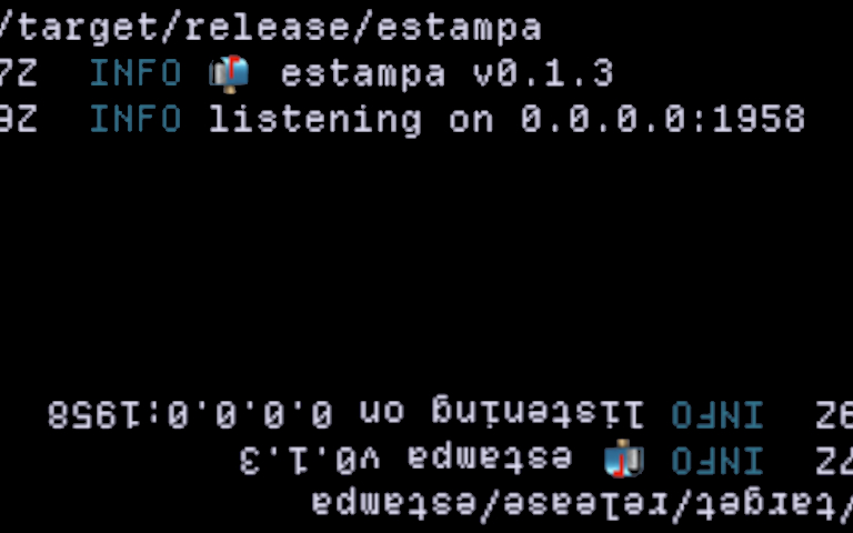 A screenshot of estampa running on a terminal. The screenshot is distorted, but it's understood that it showcases the server actively running.