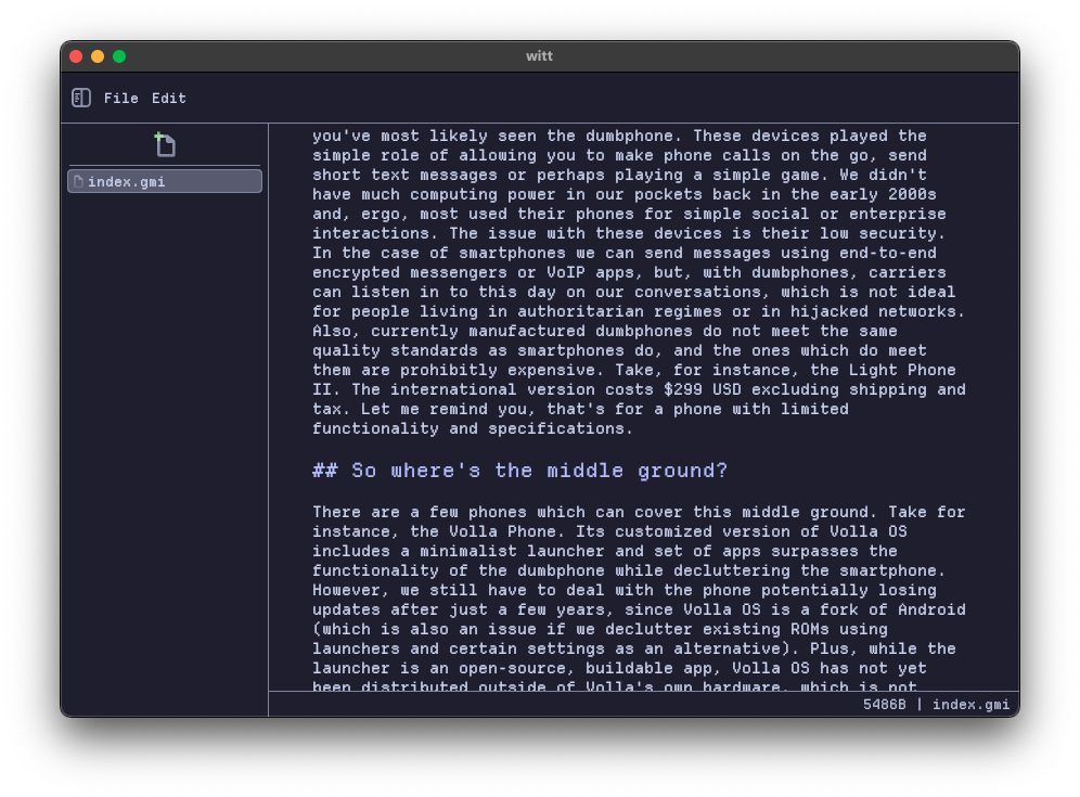 A screenshot of witt, with a document titled index.gmi open. Its contents consist of the blog post 